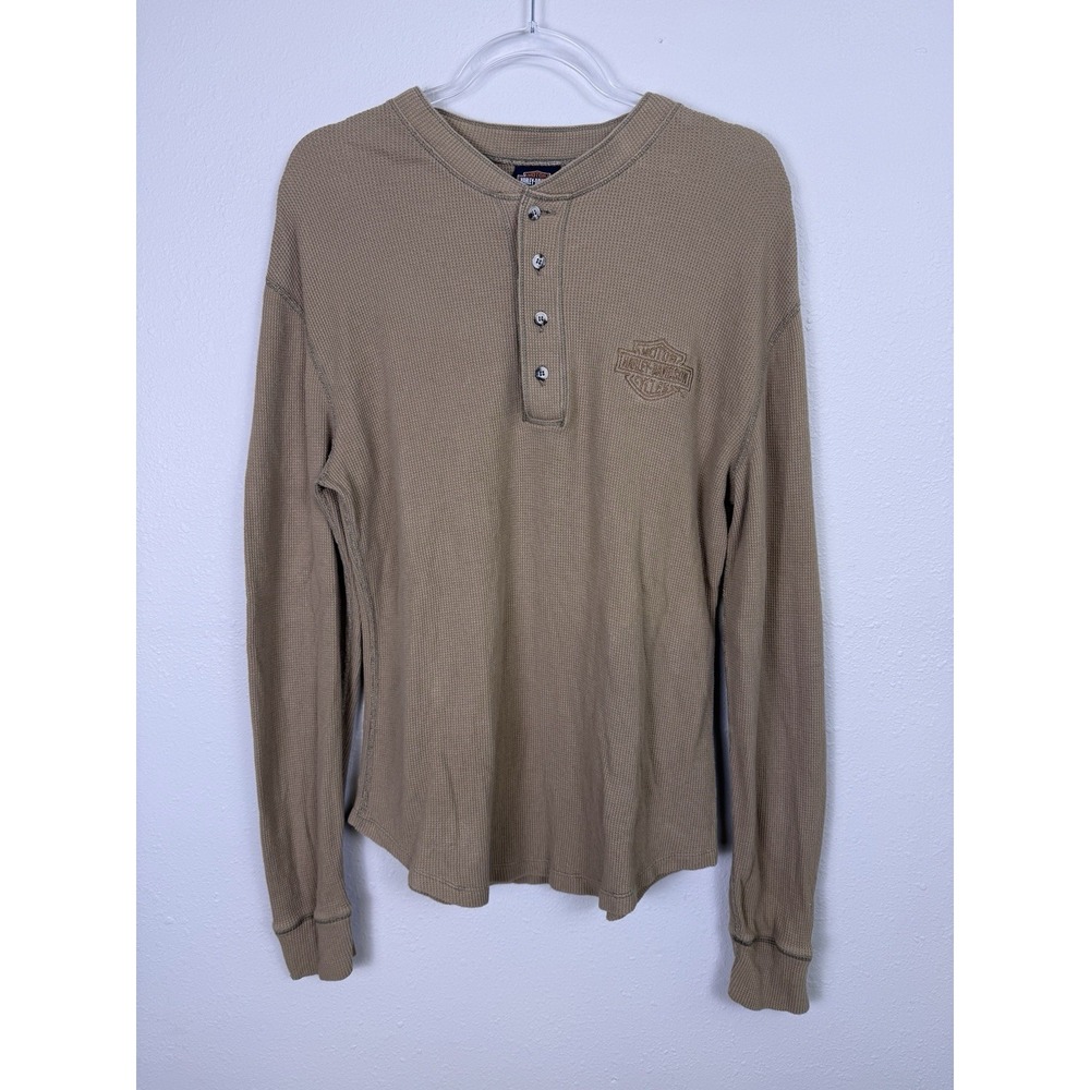 Vintage Harley Davidson Canada Henley Waffle Knit Thermal Embroidered Brown M